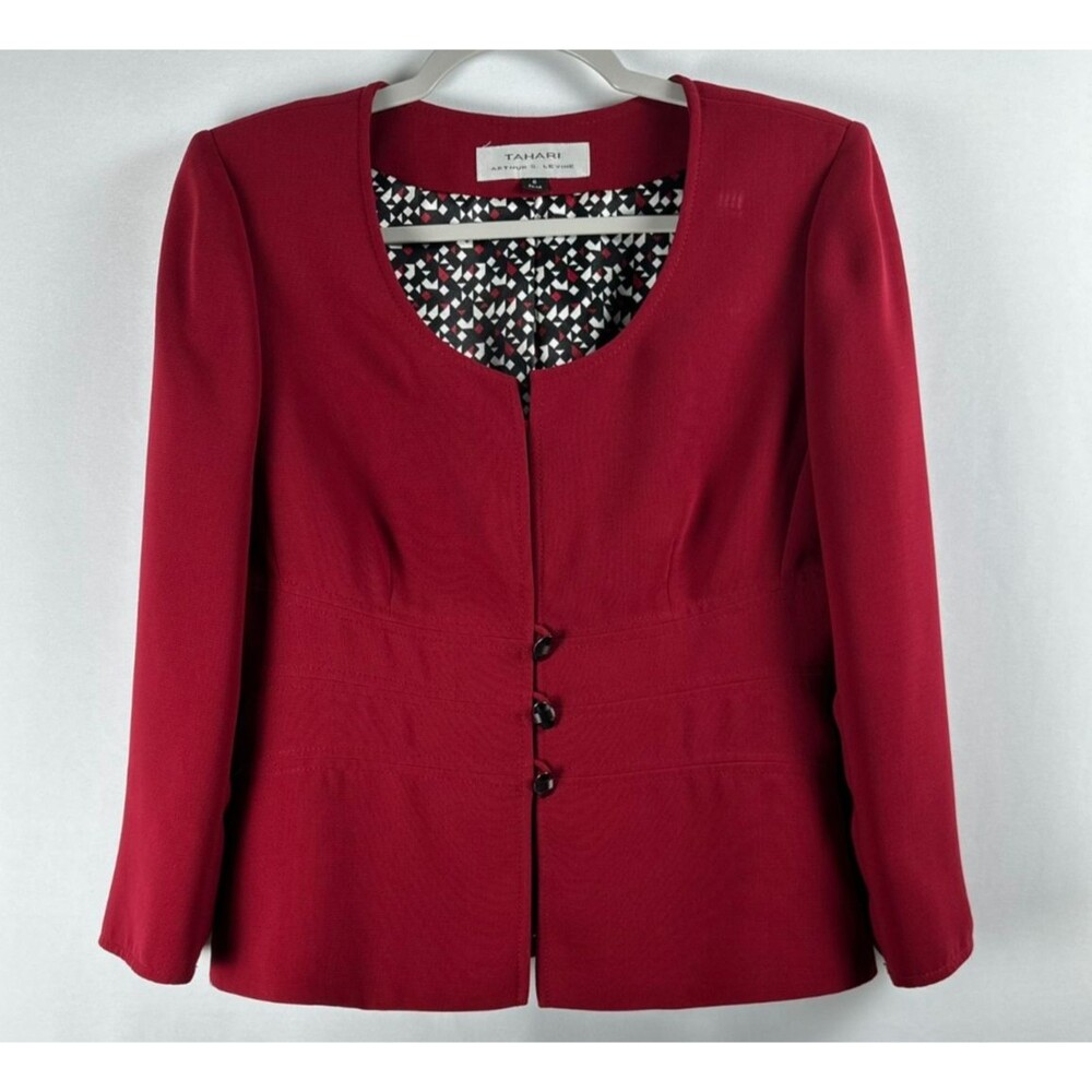 Tahari Arthur‎ S. Levine Collarless Peplum Blazer Jacket 6 Red Career Interview